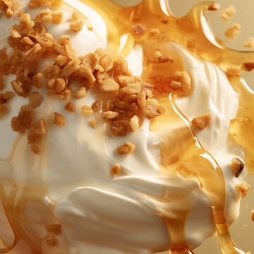 Macro texture of yoghurt or ice cream with honey and granola