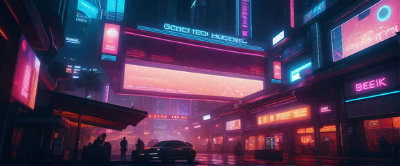 Fototapeta premium a futuristic, cyberpunk-inspired cityscape at night, with neon lights and holographic advertisements glowing brightly. Use a wide-angle lens and a cool color palette to evoke a sense of mystery