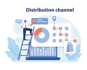 Market penetration concept. Businessman optimizing distribution channels on interactive dashboard. Strengthening supply chains. Expanding reach. Seamless integration. Flat vector illustration.