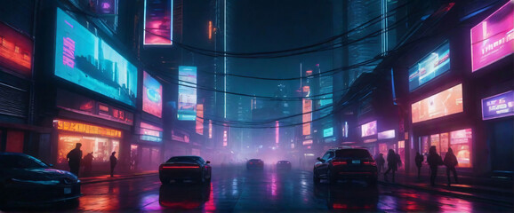 a futuristic, cyberpunk-inspired cityscape at night, with neon lights and holographic advertisements glowing brightly. Use a wide-angle lens and a cool color palette to evoke a sense of mystery