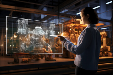 Interactive hologram: Person in an immersive augmented reality experience. Concept of futuristic technology integrated into global business networks. Science woman in front of a logistics screen. - obrazy, fototapety, plakaty