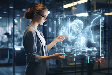 Interactive hologram: Person in an immersive augmented reality experience. Concept of futuristic technology integrated into global business networks. Woman working in a factory designing a product.