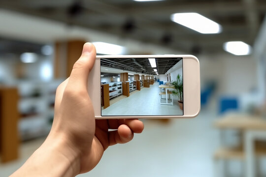 Mobile connect with security camera office background