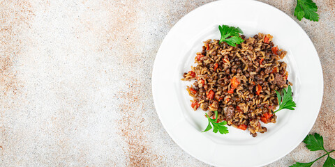 rice, lentils and vegetable fresh eating cooking meal food snack on the table copy space food background rustic top view vegetarian vegan food no meat