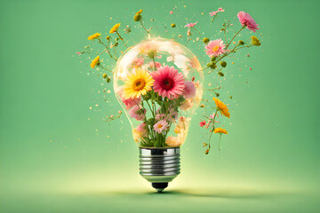 Creative light bulb explodes with bright delicate colors and flowers on a green background. New idea, brainstorming concept. photo created using Playground AI platform. - obrazy, fototapety, plakaty