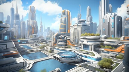 A futuristic city on an alien planet, with unique flora and fauna. Digital concept, illustration painting.