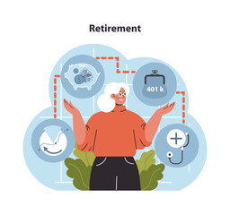 Joyful senior lady navigates her retirement options. Savings, 401k plan, and health assurance guide her journey. Path to a secure and fulfilling retirement. Flat vector illustration.