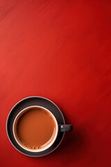 minimalist red background with a Tea cup, cappuccino, coffee , top view with empty copy space