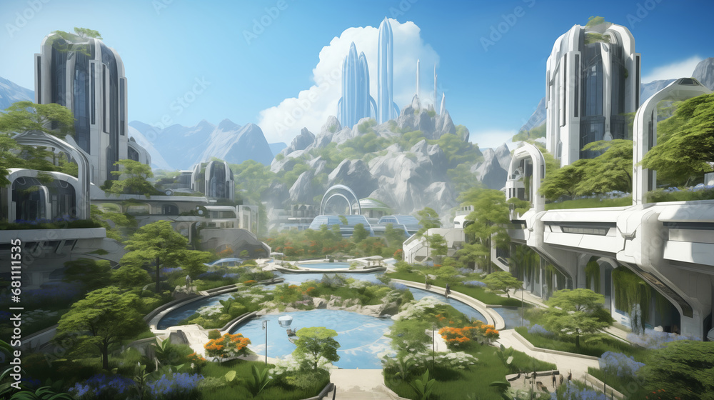 Wall mural a futuristic city on an alien planet, with unique flora and fauna. digital concept, illustration pai