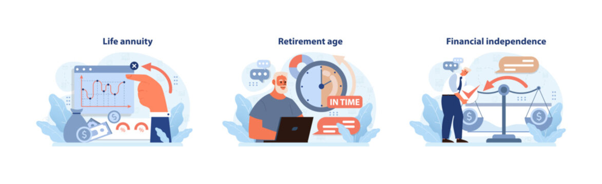 Retirement planning set. Analyzing life annuity graph, marking the precise retirement age, achieving financial balance for freedom. Strategic decisions for future. Flat vector illustration.