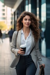 A beautiful and confident business woman walks down the bustling city street, her favorite coffee in hand, ready to conquer the day.