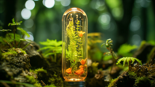  Enchanted Forest Terrarium: A Miniature Ecosystem Encapsulated in a Glass Vessel, Illuminated and Nestled in a Natural Woodland Setting

