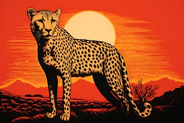 Art life of cheetah in nature, block print style ai generate - obrazy, fototapety, plakaty