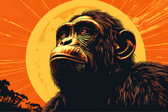 Art life of chimpanzee in nature, block print style ai generate
