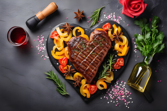 Various degrees of doneness of heart-shaped beef steak with spices, flowers on a stone dark background. photo created using Playground AI platform