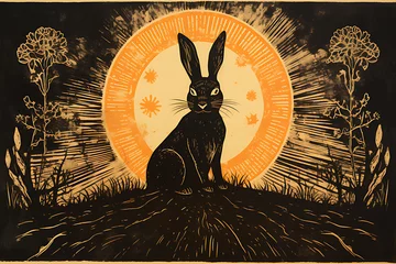 Foto op Aluminium Art life of rabbit in nature, block print style ai generate © ritfuse