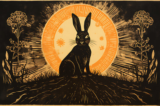 Art life of rabbit in nature, block print style ai generate