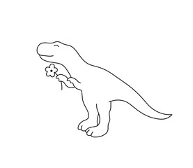Vector isolated one single cute cartoon dino dinosaur with flower in hand  standing on hind legs side view, front view, colorless black and white contour line easy drawing