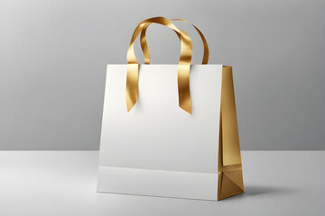 White paper shopping bag with gold ribbon handle mockup. Boutique cardboard packaging, store paper bag or shopping packaging. photo created using the Playground AI platform.
