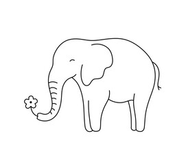 Vector isolated one single cute cartoon elephant with flower in trunk  side view, front view, colorless black and white contour line easy drawing
