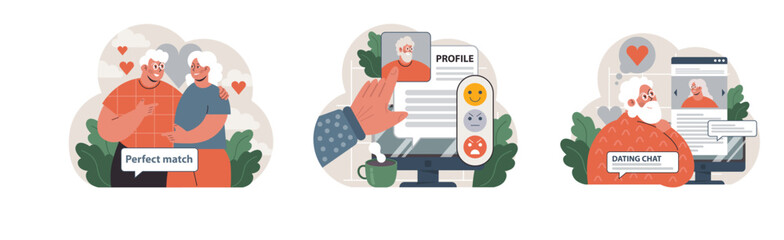 Senior dating set. Elderly couple finds love, creating online profiles, expressing emotions, and engaging in digital conversation. Perfect match, user rating, dating chat interaction. Flat vector