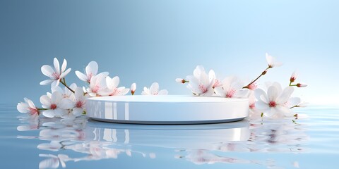 White product display podium with water reflection and blossom flowers on blue background. 3D rendering - obrazy, fototapety, plakaty