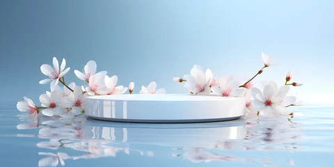 Fotobehang White product display podium with water reflection and blossom flowers on blue background. 3D rendering © Jing
