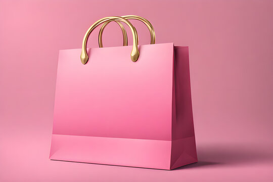 Pink, bright red paper shopping bag with gold ribbon handle mockup. Boutique cardboard packaging, shop paper bag or shopping packaging, photo created using the Playground AI platform.