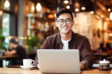 Young man working on laptop at coffee shop background