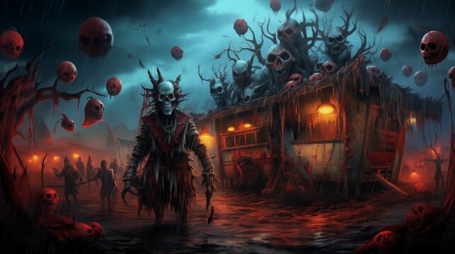 A sinister circus with malevolent clowns and cursed attractions. Digital concept, illustration painting. © X-Poser