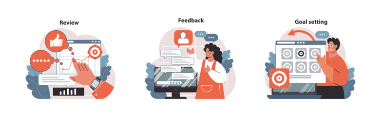 Performance set. Modern professionals evaluating progress. Analyzing data, collecting user feedback, and establishing targets. Insights, growth strategy, objectives. Flat vector illustration.