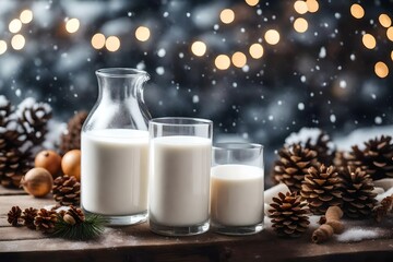 Fresh milk with natural decor, on wooden table, on winter background.