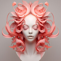 White and Pink human head sculpture, 3d woman face isolated on light grey background