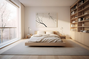 interior of a minimalist bedroom with a bookcase and a window to the winter forest