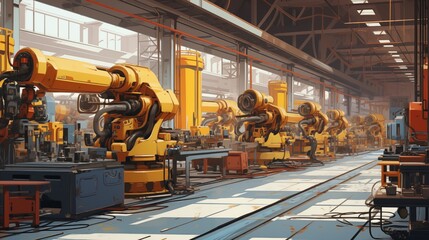 An advanced robot factory with assembly lines and AI workers. Digital concept, illustration painting. - obrazy, fototapety, plakaty
