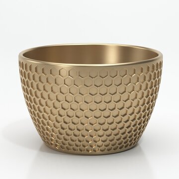 Empty glossy golden bowl with hexagonal design on white background, 3d illustration