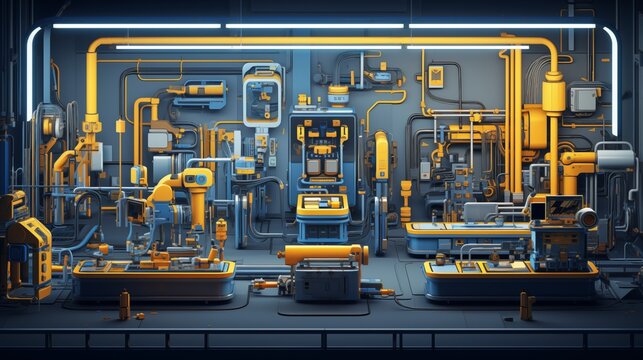 An advanced robot factory with assembly lines and AI workers. Digital concept, illustration painting.