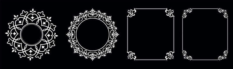 Set of decorative frames Elegant vector element for design in Eastern style, place for text. Floral black and white borders. Lace illustration for invitations and greeting cards.