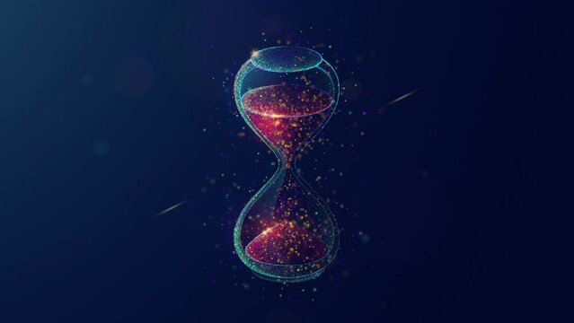 Abstract Animated Illustration of an Antique Hourglass with Falling Sand made of Neon Particles. 4K Looped Motion Graphic Background