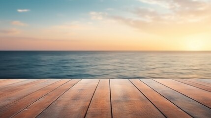 Fototapeta na wymiar The empty wooden table top with blur background of sea on sunrise, Advertisement, Print media, Illustration, Banner, for website, copy space, for word, template, presentation