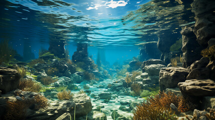 Fototapeta na wymiar Tranquil Underwater Scene with Sunlight Filtering Through Crystal Clear Water