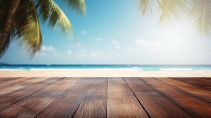 Dark wood floor top on blur tropical beach background, Advertisement, Print media, Illustration, Banner, for website, copy space, for word, template, presentation