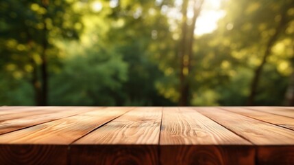 Close up top wooden table with green forest in the background, sunny day, generative AI.