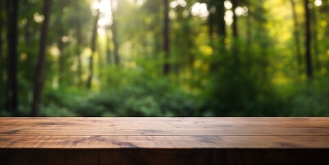 Naklejka na ściany i meble Close up top wooden table with forest in the background, sunny day, generative AI.