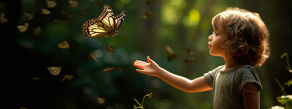 A child catches butterflies in nature. Generative AI,