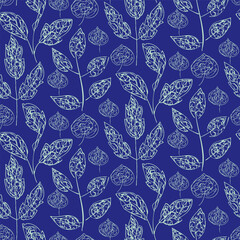 Scribbled leaf vector seamless background pattern. Cobalt blue white background with line art leaves. Textural design outline foliage. Botanical sprigs all over print. Decorative botanical repeat