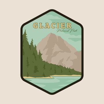 glacier national park vintage logo, icon and symbol vector illustration design, landscape view mountain and river travel vintage logo design.
