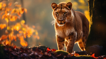 A Liger, with a colorful autumn forest as the background, during a misty dawn