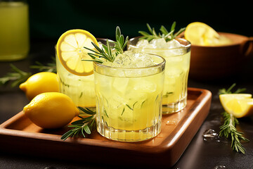 Lemonade drink and rosemary with lemon slices on pastel background