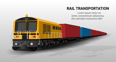 Transport logistics rail. Cargo train concept, Rail transportation, Global delivery logistics, Train delivery, Cargo export or import, Container-freight train, warehouse. 3D Vector illustration